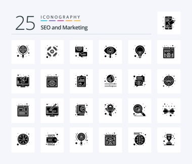 Seo 25 Solid Glyph icon pack including bulb. seen. support team. search. gear