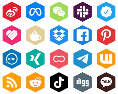 20 Stylish White Icons facebook. slack. dropbox and streaming Hexagon Flat Color Backgrounds