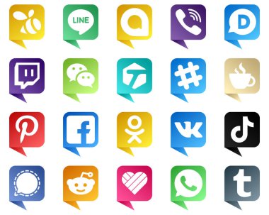 20 Elegant Chat bubble style Social Media Icons such as fb. pinterest. wechat and caffeine icons. Professional and clean