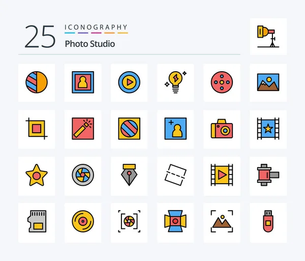 Photo Studio Line Filled Icon Pack Including Storage Footage Play — Archivo Imágenes Vectoriales