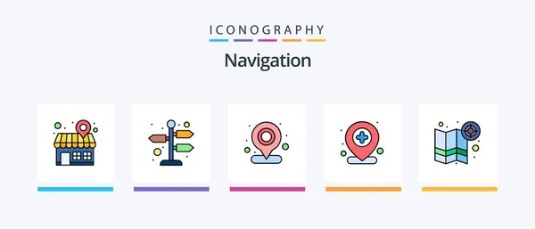 Navigation Line Filled Icon Pack Including Pin Map Pin World — 图库矢量图片