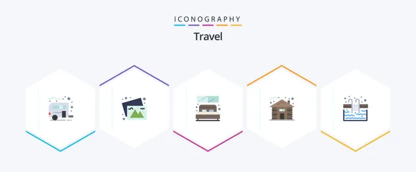 Travel Flat Icon Pack Including Stairs Tree Bed Hut Forest — Stok Vektör