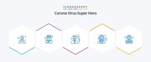 Corona Virus Super Hero Blue Icon Pack Including Female Military — Wektor stockowy