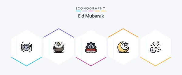 Eid Mubarak Filledline Icon Pack Including Star Cresent Glow Decoration — Stock Vector