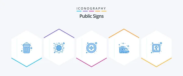 Public Signs Blue Icon Pack Including Cross Hospital Christianity Train — Wektor stockowy