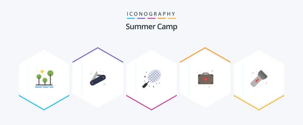 Summer Camp Flat Icon Pack Including Light Camping Ball Medicine — Vetor de Stock