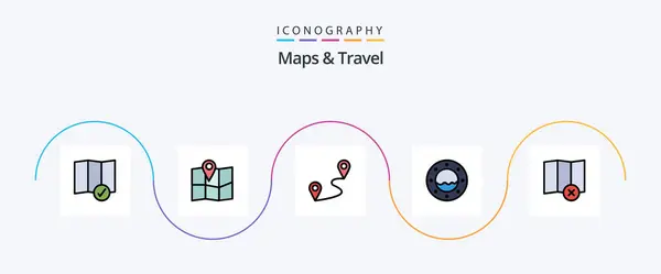 Maps Travel Line Filled Flat Icon Pack Including Route Map — Vetor de Stock