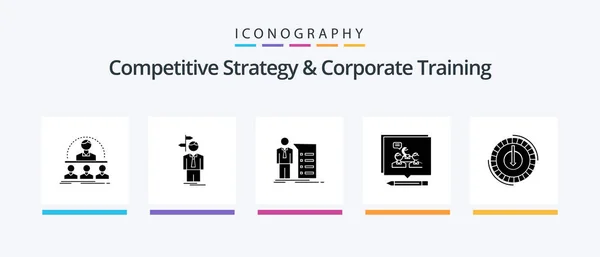 Competitive Strategy Corporate Training Glyph Icon Pack Including Business Analysis — Stock Vector