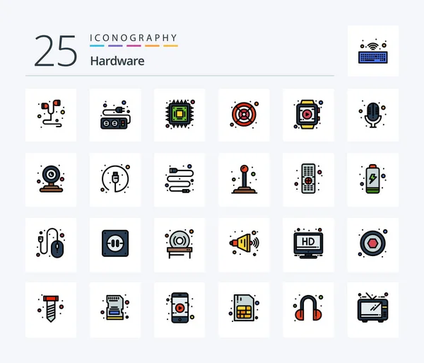 Hardware Line Filled Icon Pack Including Mic Smart Watch Chip — Wektor stockowy