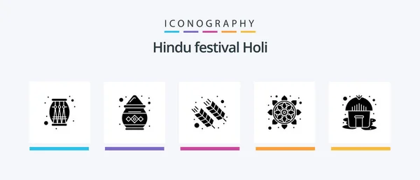 Holi Glyph Icon Pack Including Hut Pattern Food India Wheat — Vettoriale Stock