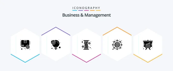 Business Management Glyph Icon Pack Including Graph Globe Glass Marketing — Διανυσματικό Αρχείο