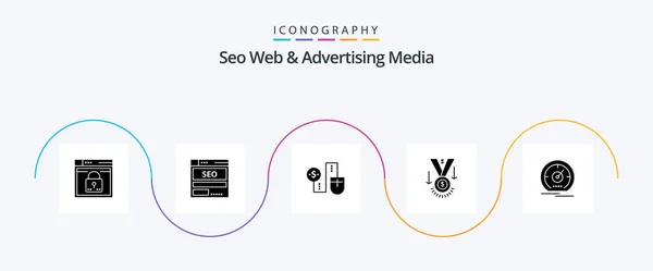 Seo Web Advertising Media Glyph Icon Pack Including Award Dollor — Stock Vector