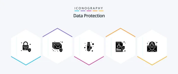 Data Protection Glyph Icon Pack Including Email Attack Token Virus — Wektor stockowy