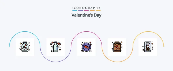 Valentines Day Line Filled Flat Icon Pack Including Shopping Love — Stockvector