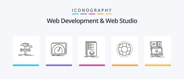 Web Development Web Studio Line Icon Pack Including Mobile Preserver — 图库矢量图片