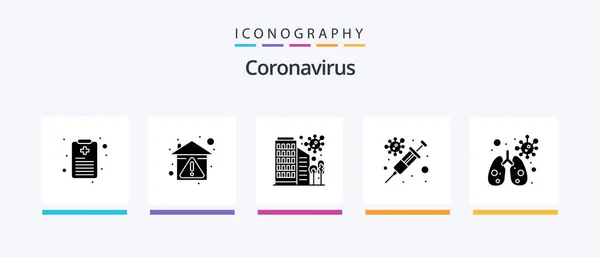 Coronavirus Glyph Icon Pack Including Infedted Virus Building Vaccine Flu — Stockový vektor