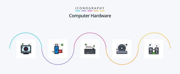 Computer Hardware Line Filled Flat Icon Pack Including Music Computer — Vetor de Stock