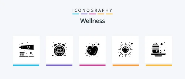 Wellness Glyph Icon Pack Including Cup Sun Apple Meditation Fitness — Stockový vektor