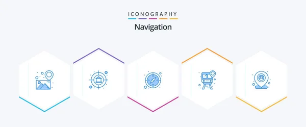 Navigation Blue Icon Pack Including Location Pin Compass Map Track — Stok Vektör