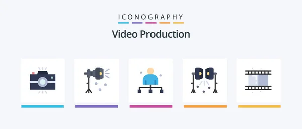 Video Production Flat Icon Pack Including Spotlight Illumination Spotlight Head — Vettoriale Stock