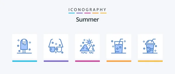 Summer Blue Icon Pack Including Ice Drink Sun Summer Outdoor — Vector de stock