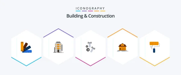 Building Construction Flat Icon Pack Including Brush Building Hotel House — Archivo Imágenes Vectoriales