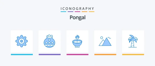 Pongal Blue Icon Pack Including Pyramid Giza Deepam Egypt Lamp — Stok Vektör