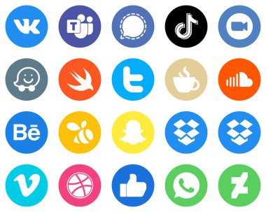 20 Modern White Icons twitter. waze. video and video Flat Circle Backgrounds