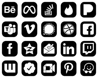 20 Fully Editable White Social Media Icons on Black Background such as facebook. pandora. mesenger and video icons. High-resolution and editable