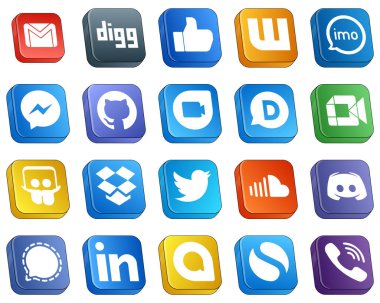 20 Minimalist Isometric 3D Social Media Icons such as google meet. google duo. audio. github and facebook icons. Editable and high-resolution