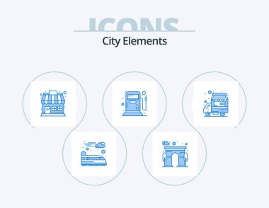 City Elements Blue Icon Pack 5 Icon Design. food stall. shop. market store. car. gas