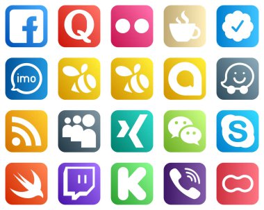 20 Essential Social Media Icons such as waze. swarm. streaming and audio icons. Fully editable and professional