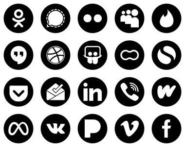 20 Professional White Social Media Icons on Black Background such as linkedin. pocket. google hangouts. simple and mothers icons. Eye-catching and high-quality