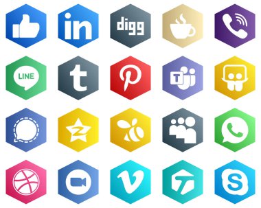 25 Editable White Icons such as signal. viber. microsoft team and tumblr icons. Hexagon Flat Color Backgrounds
