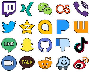 20 Unique Line Filled Social Media Icons such as snapchat. wattpad. twitter and pandora High-resolution and professional set