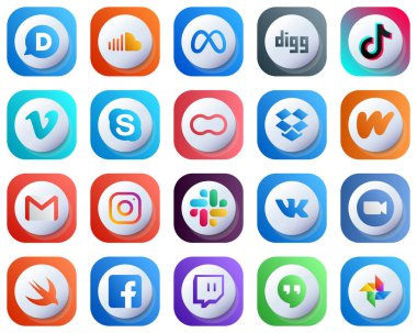 20 Cute 3D Gradient Icons for Top Social Media Platforms such as mothers. chat. douyin. skype and vimeo icons. Editable and Simple