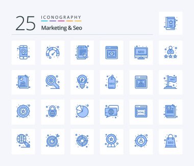 Marketing And Seo 25 Blue Color icon pack including monitor. seo. seo. desktop. visibility