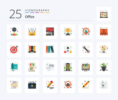 Office 25 Flat Color icon pack including location. star. computer. prize. achievement