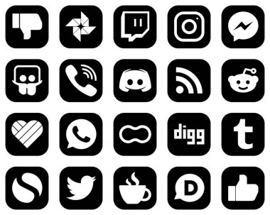 20 Customizable White Social Media Icons on Black Background such as message. facebook. discord and rakuten icons. Fully customizable and high-quality