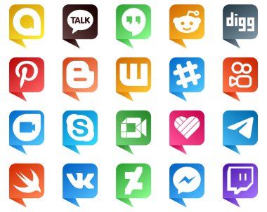 20 Chat bubble style Social Media Brand Icons such as likee. video. wattpad. google meet and skype icons. High definition and versatile