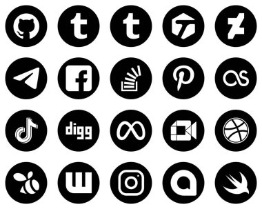 20 Versatile White Social Media Icons on Black Background such as douyin. lastfm. fb. pinterest and stock icons. High-definition and professional