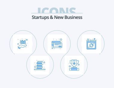 Startups And New Business Blue Icon Pack 5 Icon Design. report. payment. chart. credit. atm