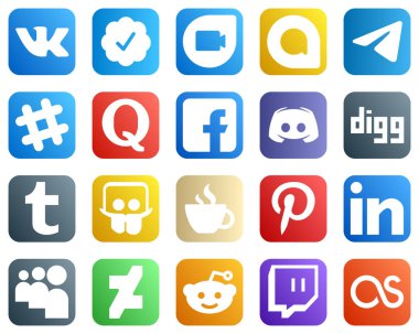 20 Essential Social Media Icons such as digg. text. quora and message icons. Fully editable and unique