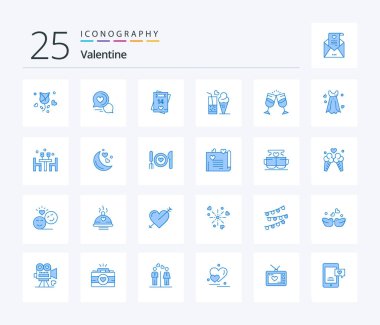 Valentine 25 Blue Color icon pack including glass. food. romantic chat. card. valentine