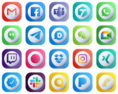 20 Cute Unique 3D Gradient Social Media Icons such as google meet. wechat. tagged. disqus and messenger icons. Customizable and Professional