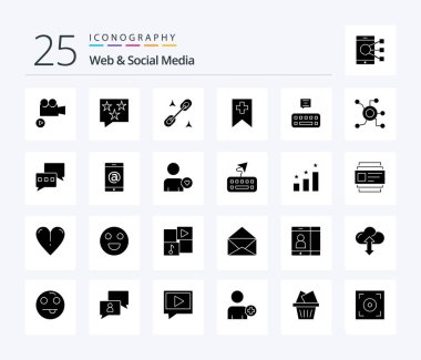 Web And Social Media 25 Solid Glyph icon pack including media. tag . rate . office
