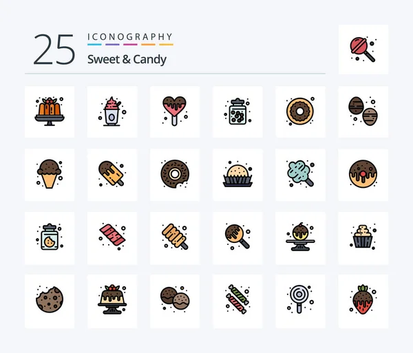 Sweet Candy Line Filled Icon Pack Including Donut Sweets Ice — Vector de stock
