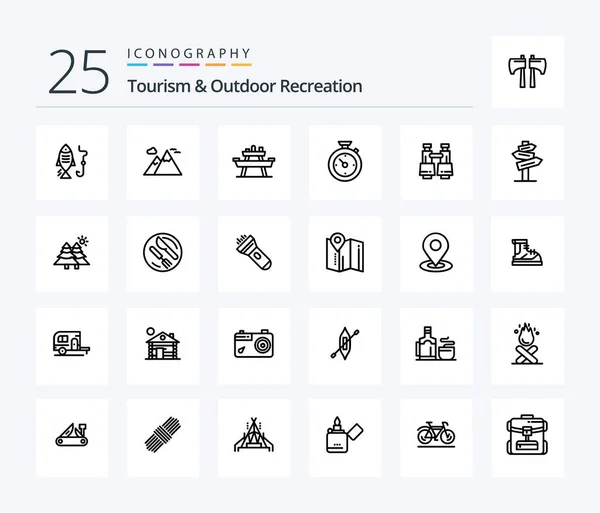 Tourism And Outdoor Recreation 25 Line icon pack including binoculars. time . bench. timer. picnic