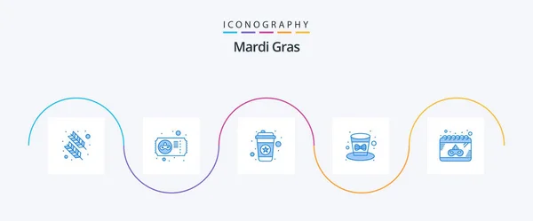 Mardi Gras Blue Icon Pack Including Date Holiday Hot Hat — Vector de stock