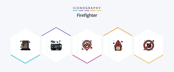 Firefighter Filledline Icon Pack Including Fire Firemen Transportation Fireman Fight — Stock Vector